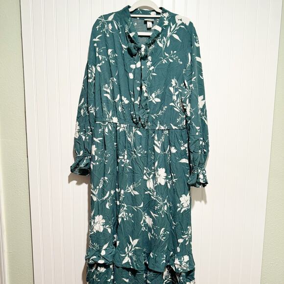 Ava Viv Green Floral Ruffled Tiered Maxi Dress Long Sleeves High Neck 1X - Picture 2 of 9